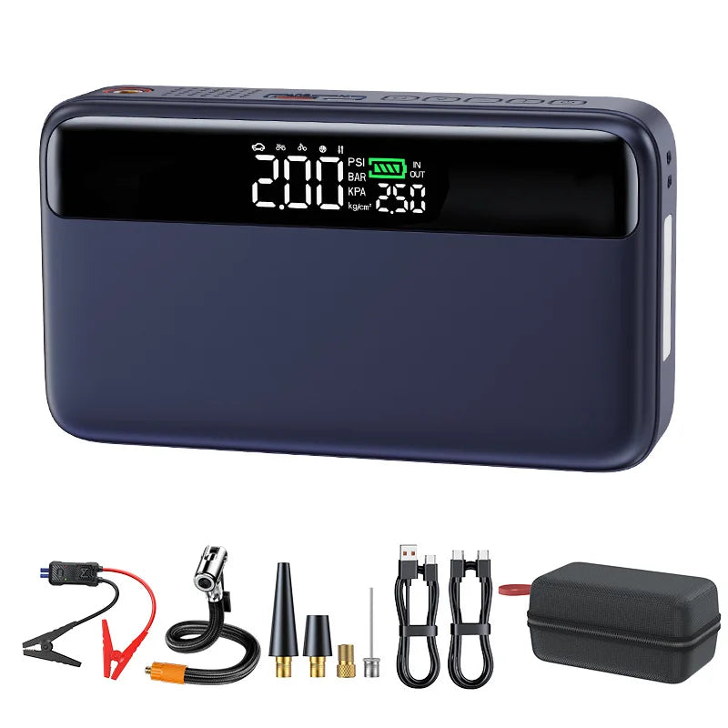 10000 mAh Car Battery Starter&Tire Inflator 12V Booster 65W Fast Charging Emergency Jump Starter LED Light Powerbank Compressor
