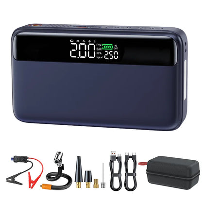 10000 mAh Car Battery Starter&Tire Inflator 12V Booster 65W Fast Charging Emergency Jump Starter LED Light Powerbank Compressor