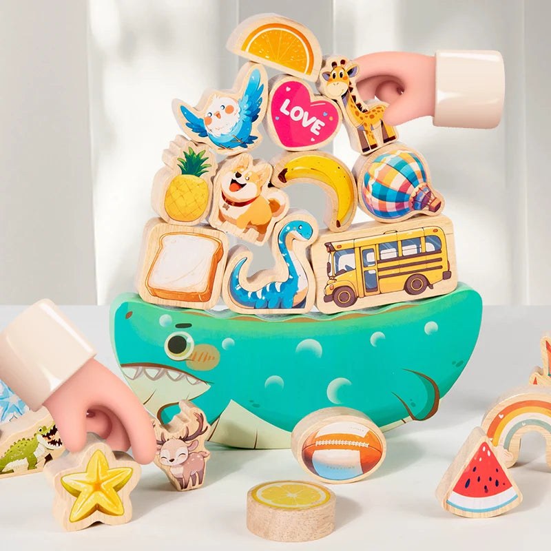 Wooden dinosaur balance touch large building blocks, children's shape recognition fine motor training educational toys