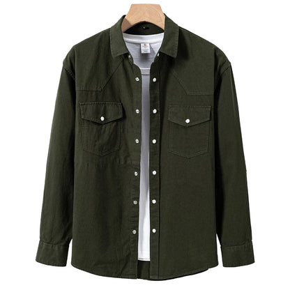 100% Cotton Workwear Shirt Jacket, Korean Snap Button Design, Enzyme Wash Vintage, Khaki Black Grey Beige S-4XL
