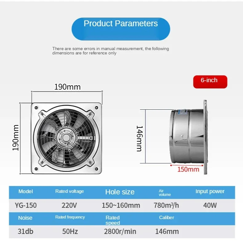 6''7''8'' Booster Fan Extractor Exhaust fan Ventilation Pipe Fan for Bathroom Toilet Kitchen Wall Window Stainless Steel Fan