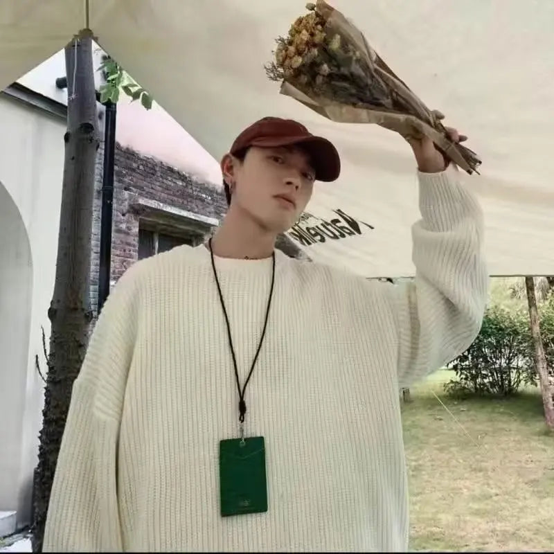 Autumn and winter loose shoulder sweater for young men Japanese retro pineapple needle jacquard lazy round neck knit sweater