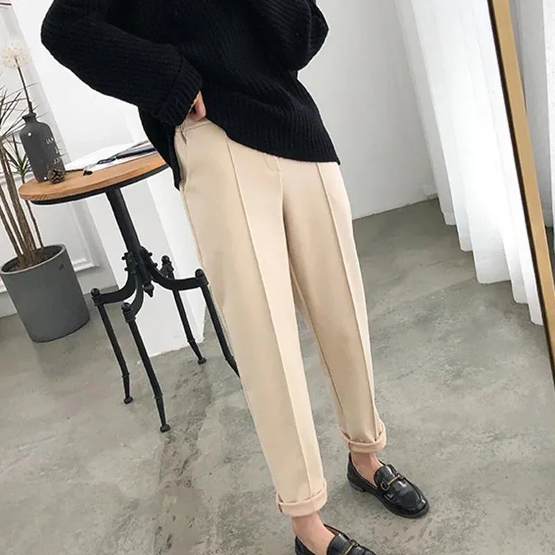 New Simple Warm Pants Women Casual Elastic Waist Pant Autumn Winter Thicken OL Wool Female Pants Loose Lady Trousers Capris