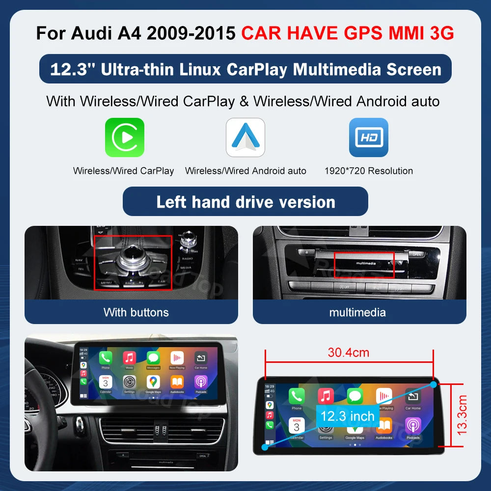 8.9 Inch 12.3"" Multimedia Display Touch Screen For Audi A4 S4 2009-2015 Airplay Miracast Function Wireless Carplay Android Auto