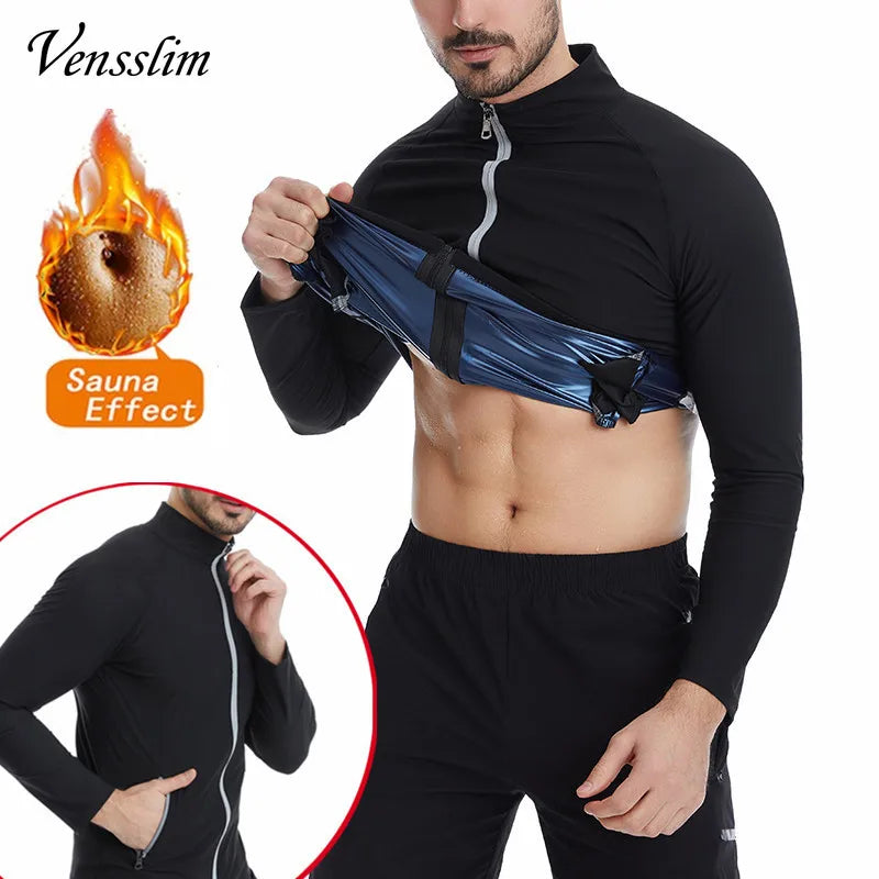 Vensslim Men Sauna Sweat Suit Zipper Waist Trainer Slimming Tops with Packet Fat Burner Body Shaper Belly Trimmer Slim Corset