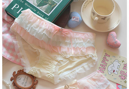 Japanese Lolita Princess Lingerie Women Pure Desire Cake Layer Lace Mesh Cotton Crotch Party Bra Panty Set Cute Comfortable Soft