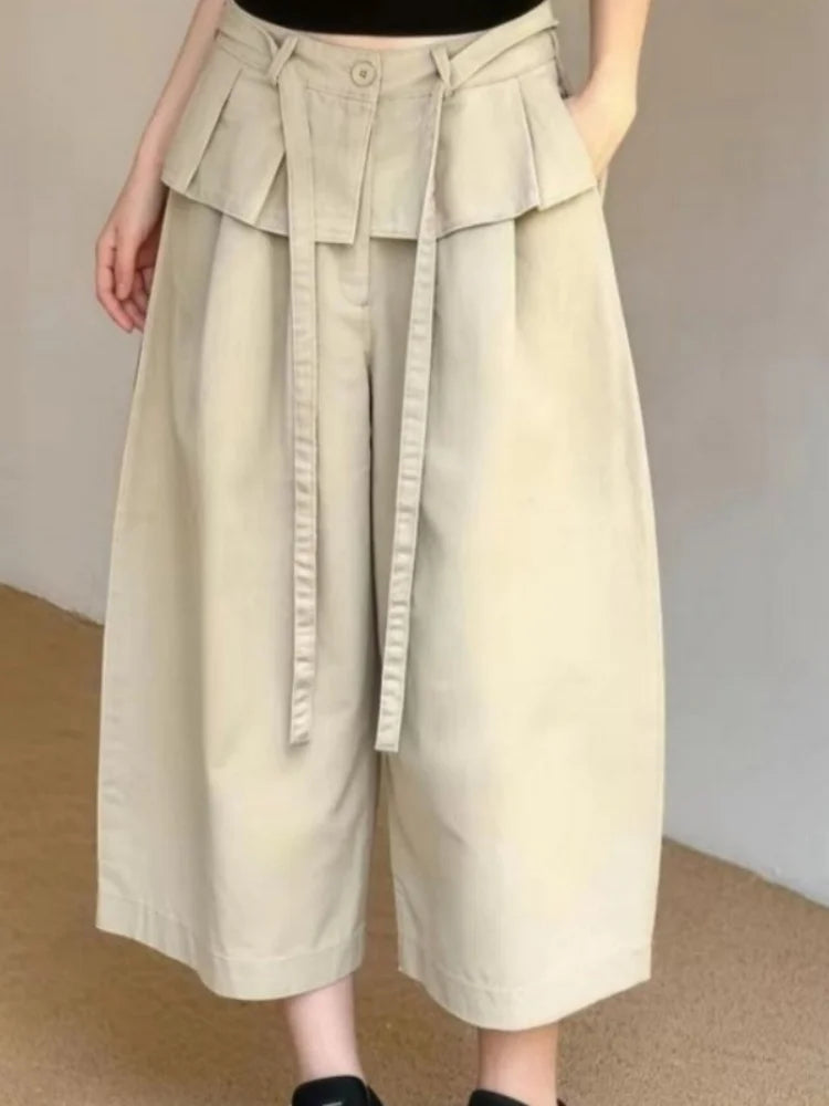 Summer New Korean Style Khaki Design Casual Pants Women plus Size Loose Slimming Nine Points Trousers High Waist Straight Leg