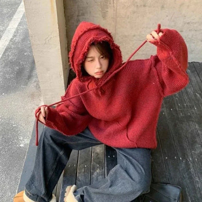 Autumn and Winter Thick Hoodies Cold Red Korean Women's Hooded Sweatshirts Warm Female Top Clothing Essential Coat Cheap New In