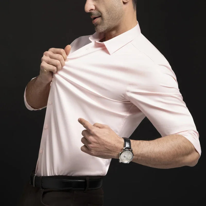 Men's long sleeved wrinkle resistant business suit high-end suit solid color shirt with silky non ironing shirt
