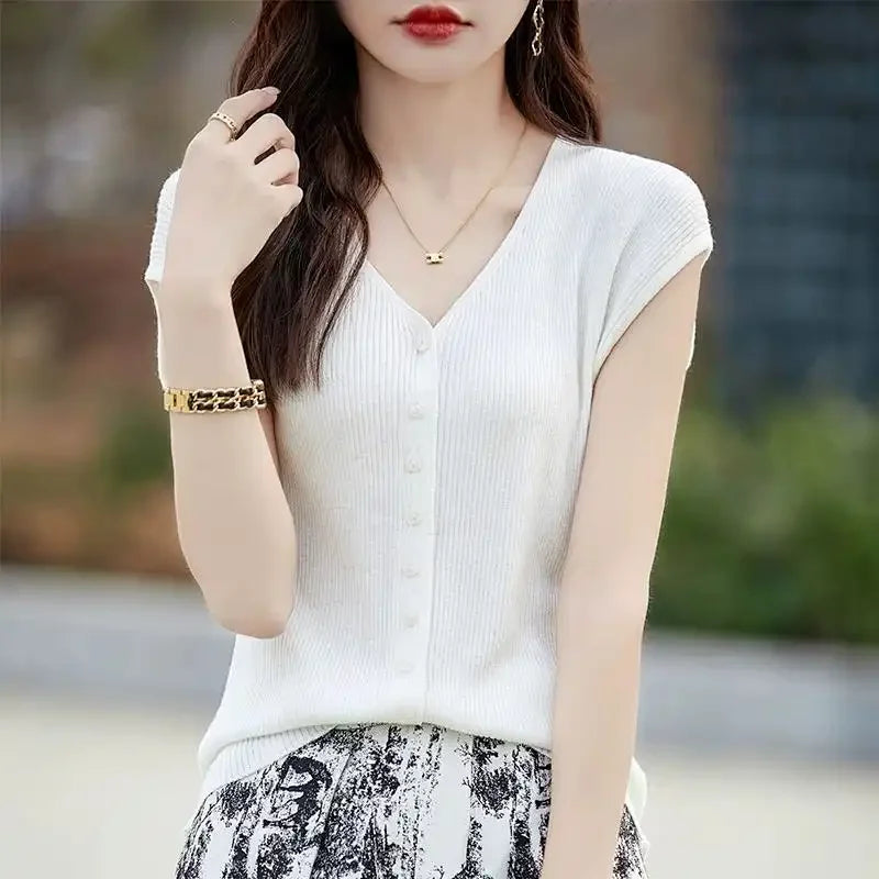 Women's Clothing New Fashion V-neck Knit Tops Summer Casual All-match Thin Sleeveless Tanks Lady Solid Single-breasted Cardigan