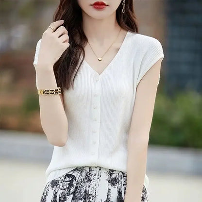 Women's Clothing New Fashion V-neck Knit Tops Summer Casual All-match Thin Sleeveless Tanks Lady Solid Single-breasted Cardigan