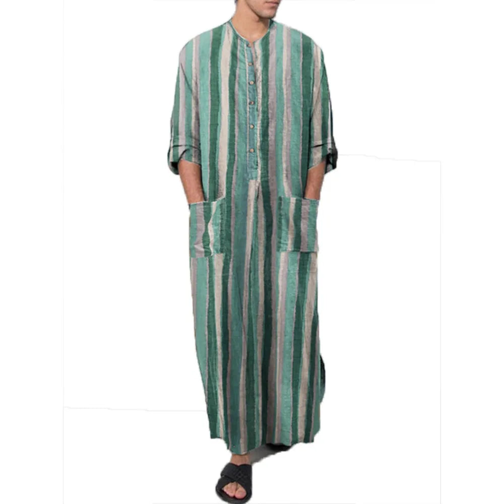 Men's Striped Print Arabic Thobe - Long Sleeve One Piece Islamic Robe,Middle Eastern Traditional Muslim Wear with Ethnic Pattern