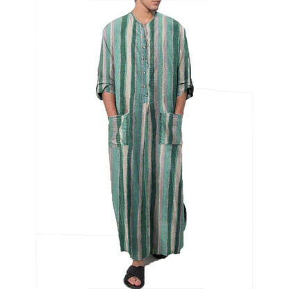 Men's Striped Print Arabic Thobe - Long Sleeve One Piece Islamic Robe,Middle Eastern Traditional Muslim Wear with Ethnic Pattern
