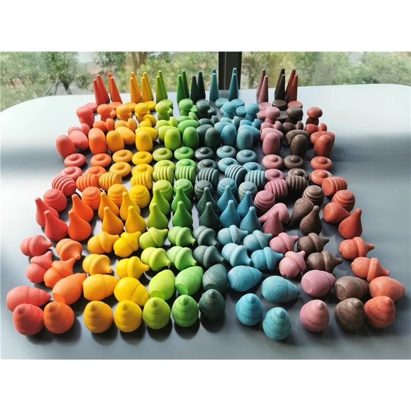 Kids Wooden Montessori Toys Rainbow Loose Parts Wood Mushrooms Honeycomb Droplets Bamboo Shoots Acorns Tree Cones