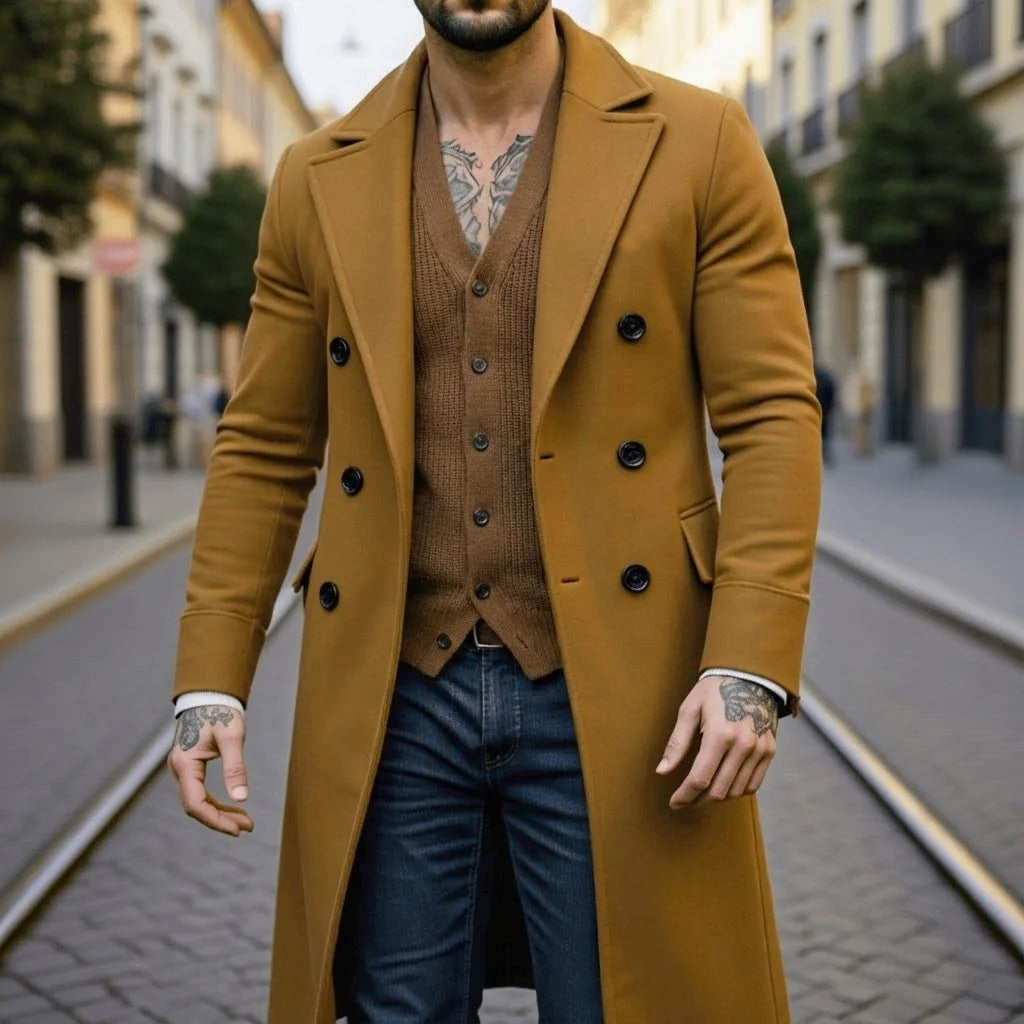 Men's Double-Breasted Trench Style Coat Thickened Warm Lined Jacket Windproof Fashionable Outdoor Wear