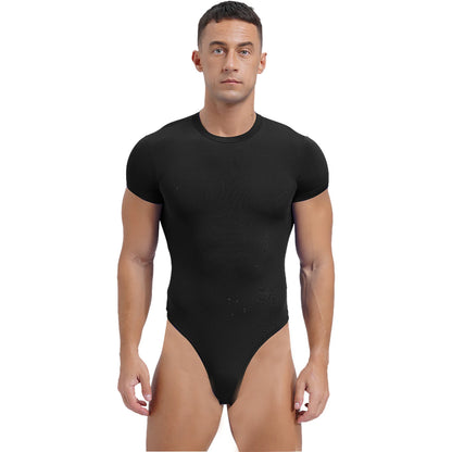 Mens Athletic Bodysuit Shirt Round Neck Short Sleeve High Cut Leotard Button Crotch Jumpsuit Rompers Bodybuilding Yoga Underwear
