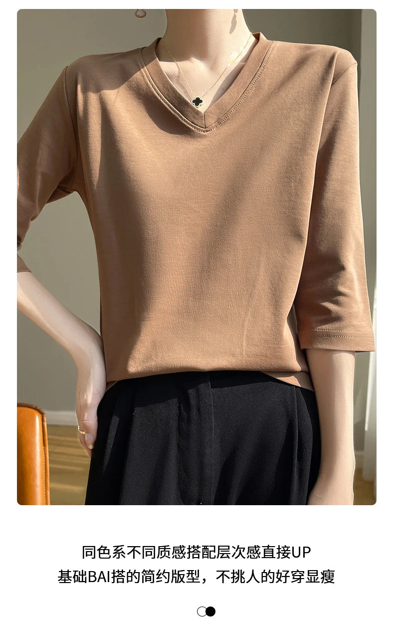 Spring And Summer New White Mercerized Cotton Cropped Sleeve T-shirt Feminine Joker 100% Cotton Bottoming Shirt Half Sleeve