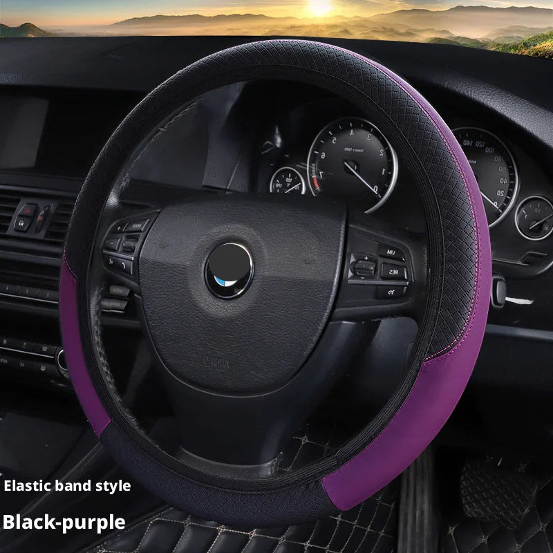Elastic Carbon Fiber Leather Steering Wheel Cover Universal 36-40cm No Inner Ring Anti-slip Car Handle Protector 4 Seasons