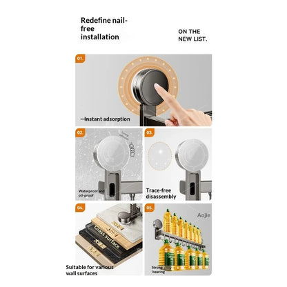 Suction Cup Kitchen Storage Rack Hook Rod No Drill Required Pot Spatula Spoon Knife Integrated Wall-Mounted Storage Rack