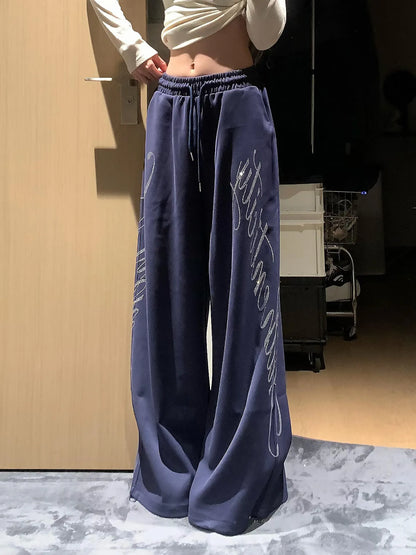 American Style Letter Embroidered Wide Leg Pants Women's Spring Summer Korean Version Trendy Hiphop Jazz Dance Sport Sweatpants