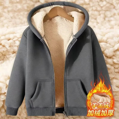 Ladies Large Size American Style Lamb Velvet Hoodie Zipper Cardigan Outerwear Autumn Winter Thickened Long Sleeve Casual Wear