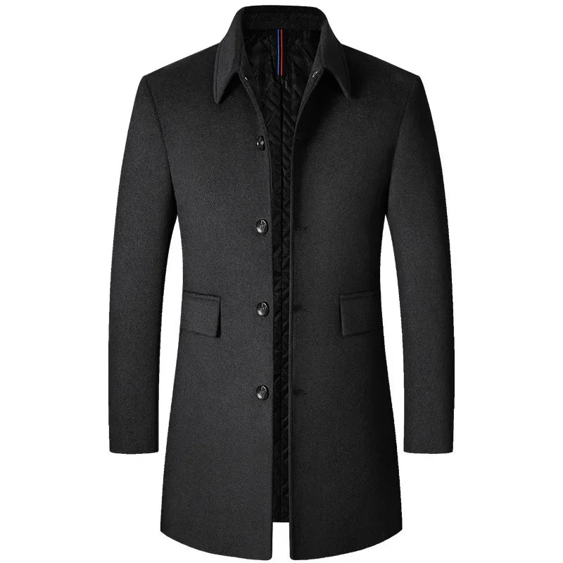BROWON Brand Winter Coat Men 2026 Autumn Solid Turn-Down Collar Wool Long Jacket for Men New Business Casual Keep Warm Outerwear