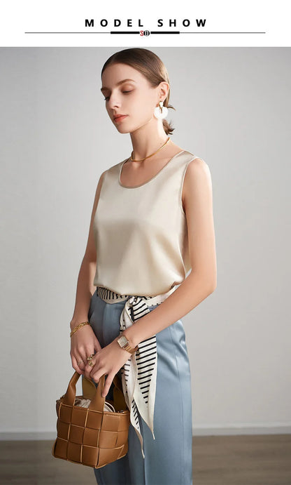 SuyaDream. Women Basic Cozy Tanks, 100%Real Silk, O neck Sleeveless Chic T Shirt, 2025 Solid Summer Vests, White, Pink, Beige