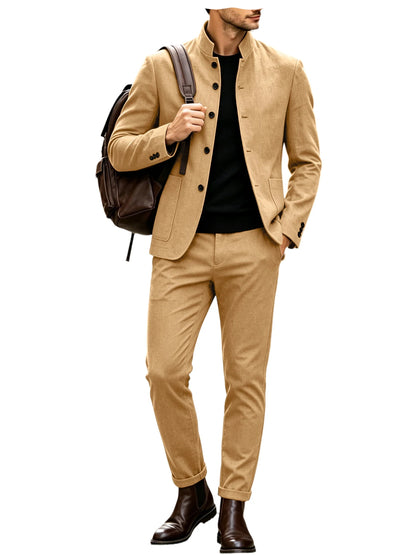 Men's Linen Stand Collar Suit 2-Piece Blazer & Pants Set Slim Fit Business Casual Tuxedo Jacket Trousers Formal Wedding Outfit