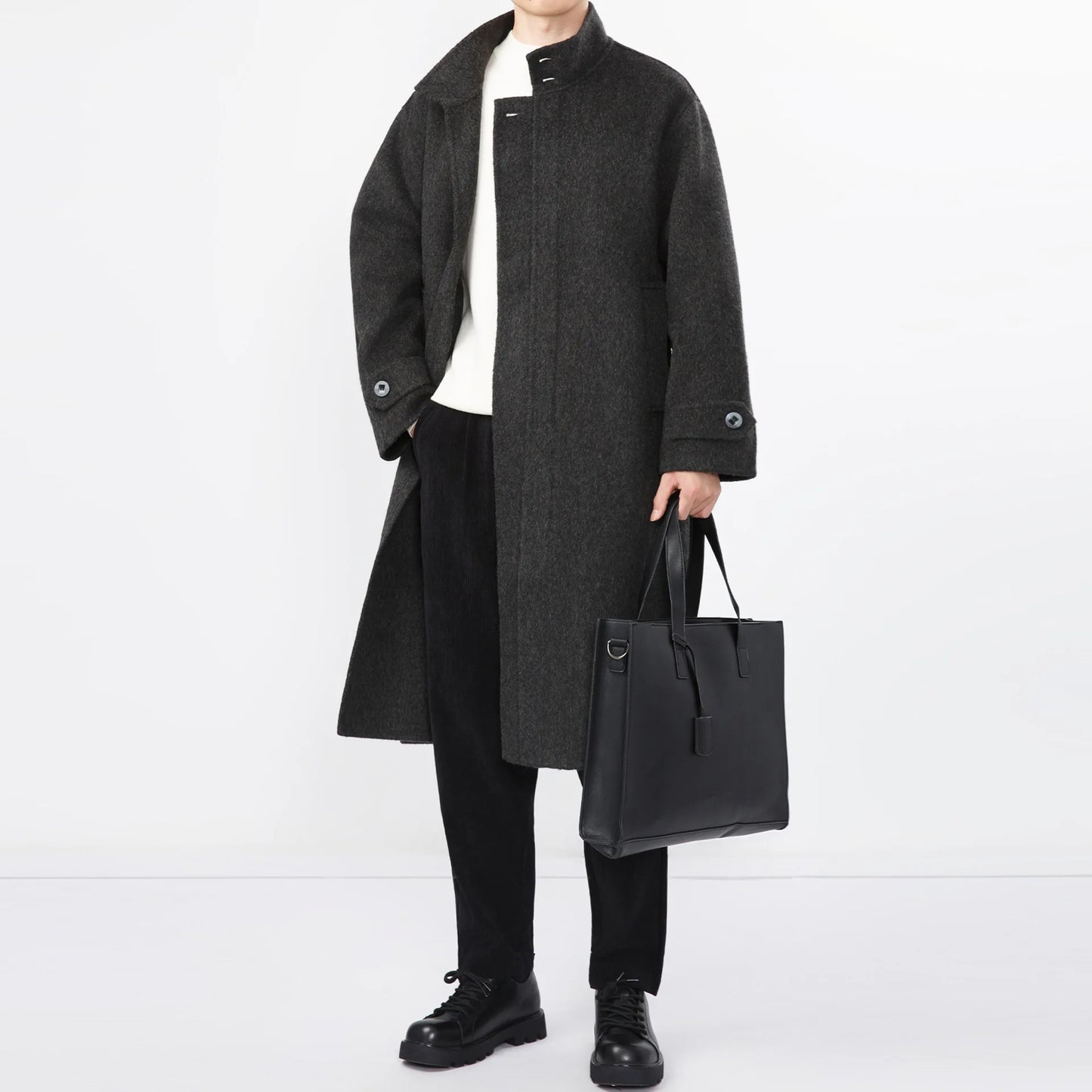 Men 100% Wool Light Autumn Winter Woolen Coat Long Collar Trench Coat