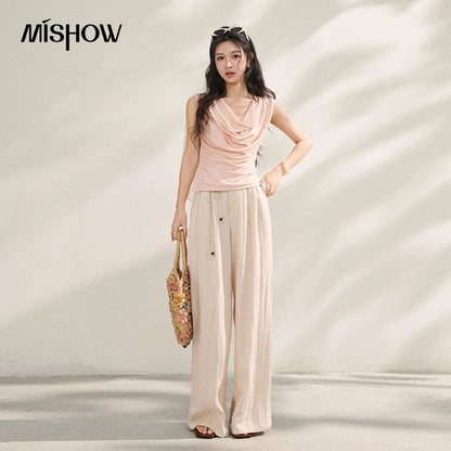 MISHOW Women Draped Cowl Neck Lyocell Knit T-shirt Asymmetrical Chiffon Sash Ruched Tee Casual Slim Fit Summer Tops MXF22T1594