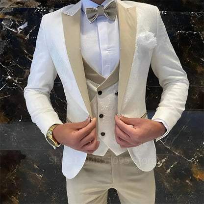 Jacquard 3 Piece Wedding Men's Tuxedo Slim Fit Peak Lapel Blazer Vests Pants Set Business Prom Party Set Men's Formal Clothes