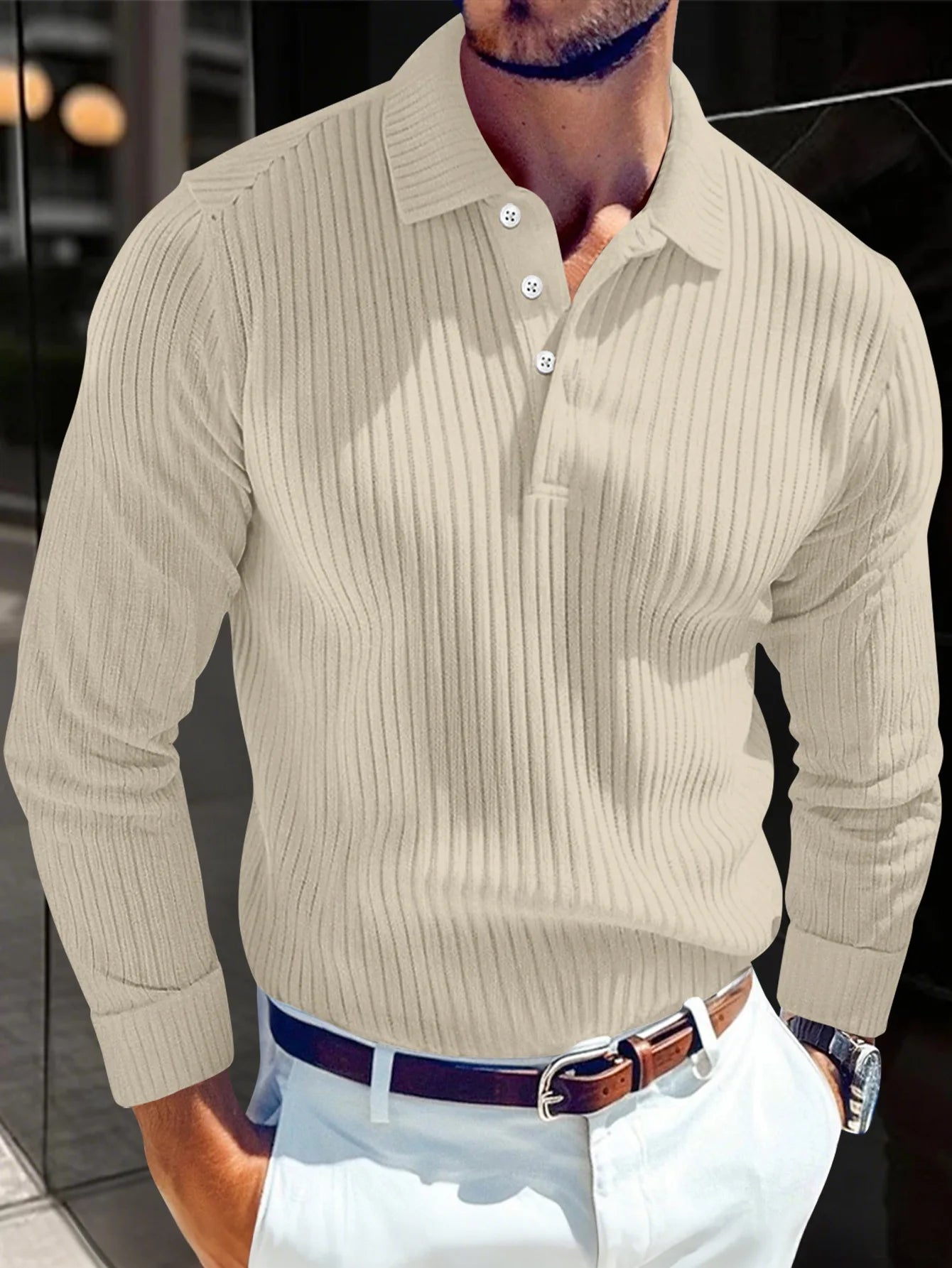 Slim‑Fit Long‑Sleeve Knit Collar Polo Shirt for Men, European & American Style, Business Design with Buttons & Zipper