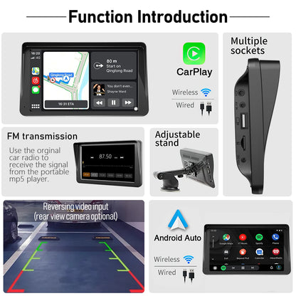 7" / 9" Portable Wireless Carplay Android Auto Car Radio Multimedia Player IPS Touch Screen AUX USB Bluetooth Mirror Link AHD