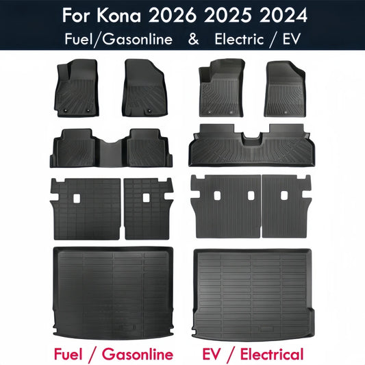 For Hyundai Kona 2026 2025 2024 Car Floor Mats Kona Fuel Gasonline EV Heavy Duty TPE Floor Liners & Cargo Backrest Mat