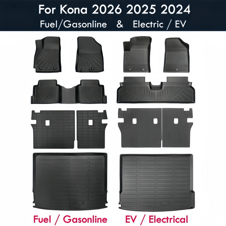 For Hyundai Kona 2026 2025 2024 Car Floor Mats Kona Fuel Gasonline EV Heavy Duty TPE Floor Liners & Cargo Backrest Mat