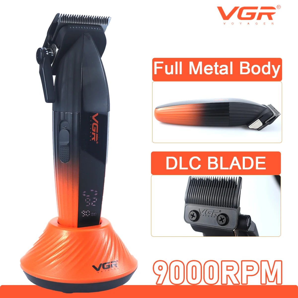 VGR V-889C Professional Hair Clipper Fade DLC Blade 9000RPM 2 Speeds Cordless with Base Charger Full Metal LCD Haircut Machine