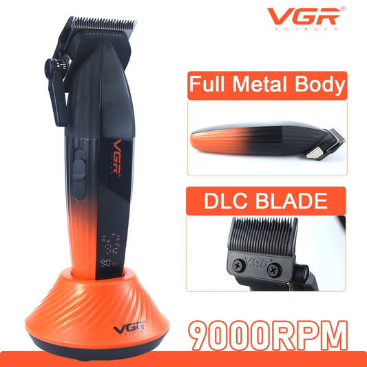 VGR V-889C Professional Hair Clipper Fade DLC Blade 9000RPM 2 Speeds Cordless with Base Charger Full Metal LCD Haircut Machine