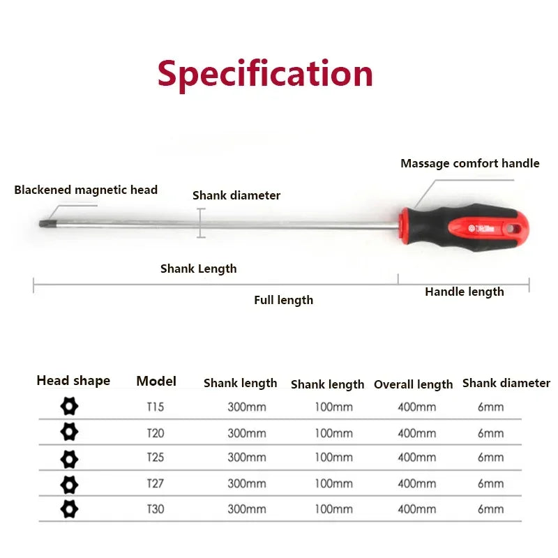 15.7inch Extra Long Torx Magnetic Screwdriver with Hole S2 Steel T15 T20 T25 T27 T30 for Home Automobile Repair Hand Tool