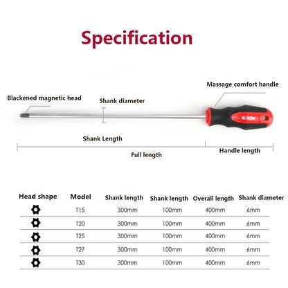 15.7inch Extra Long Torx Magnetic Screwdriver with Hole S2 Steel T15 T20 T25 T27 T30 for Home Automobile Repair Hand Tool