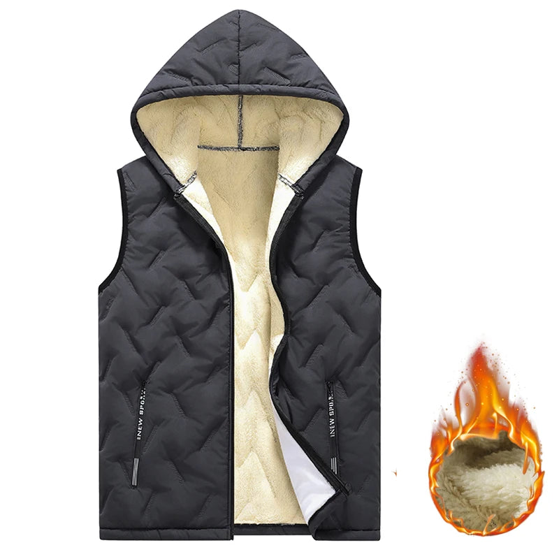 EU Size Men's Hooded Vest Thermal Padded Winter Jacket Fleece Lined Waistcoat Autumn Warm Quilted Jacket Black Grey Puffer Vest