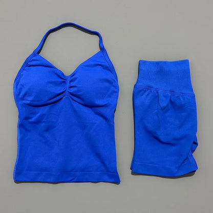 HISTELLO 2 Pieces Sports Set Women Yoga Longline Strap Top Scrunch Seamless Shorts Sport Gym Set Sportswear Workout Fitness Set