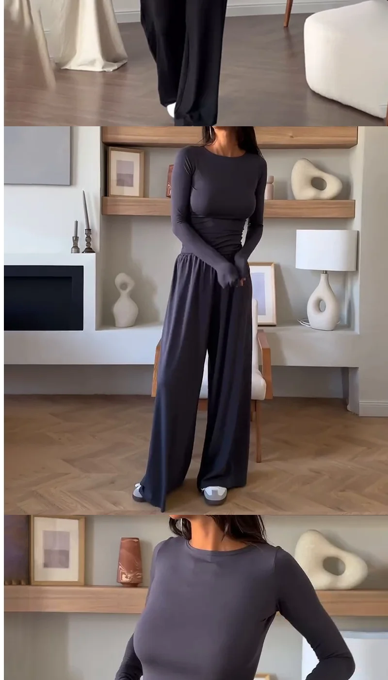 Women's Fashionable round Neck Long Sleeve Elastic Waist Pants Set Casual Style Two-Piece Suit Autumn Collection Trendy Outfit