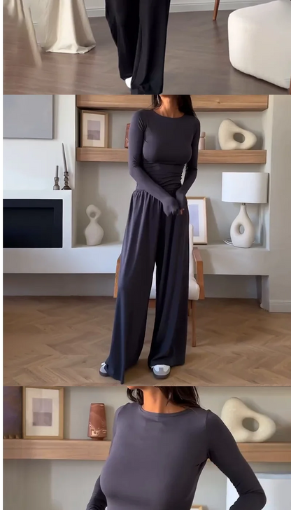 Women's Fashionable round Neck Long Sleeve Elastic Waist Pants Set Casual Style Two-Piece Suit Autumn Collection Trendy Outfit
