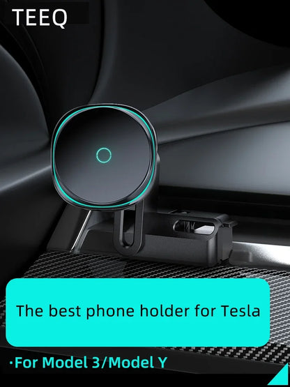 Tesla Model 3/Y: 15W Mag Fast Charge + Airflow Mount, Adjustable/Non-Slip, Nav-Charge Dual, Safe Drive, Luxury Trim
