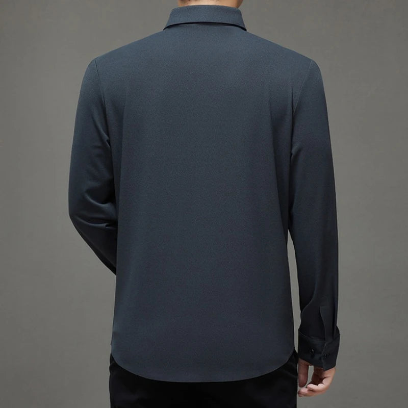 Men's Wool-Blend Dress Shirt Charcoal Gray Business Essential Seamless Technology Non-Iron & Tailored Collar All Season Comfort