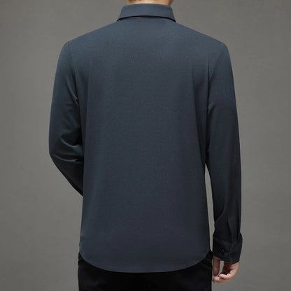 Men's Wool-Blend Dress Shirt Charcoal Gray Business Essential Seamless Technology Non-Iron & Tailored Collar All Season Comfort