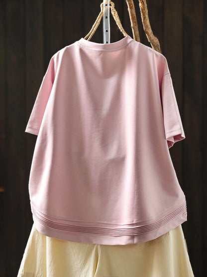 Pink Short-sleeve Women Top 2026 Stylish Summer New Design Pleated Hem Loose T-shirt ZF2158