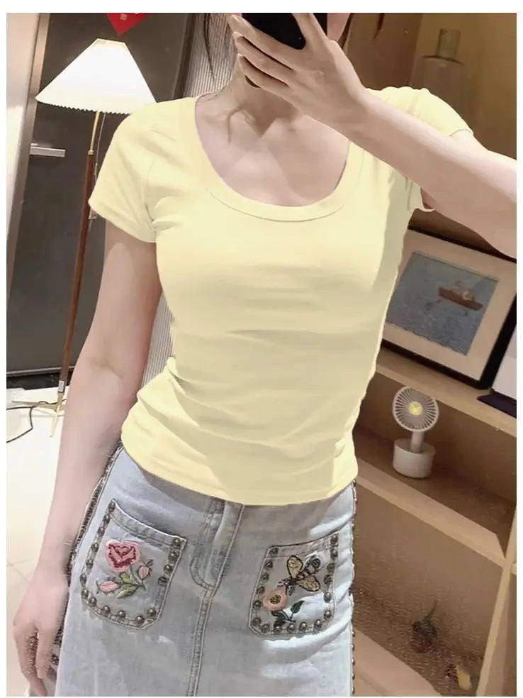 American Retro Shoulder U-neck  Color Short Sleeve T-shirt Women Summer Slimming Waist Pure Desire Short Hot Girl Top