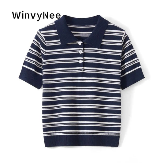 WinvyNee Summer Women's Pure Cotton Sweaters Polo T-Shirts White Half Sleeve Striped Tees Y2k Outerwears Pullover Tops ZA1523012