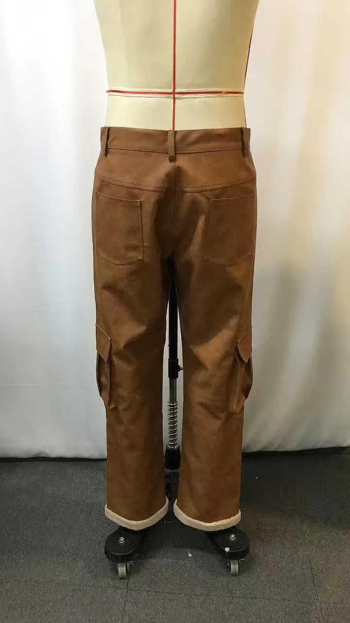 2026 European Size Men's Retro Brown Leather Cargo Pants, PU Leather Straight Leg Casual Pants Baggy Hosen Men Clothing